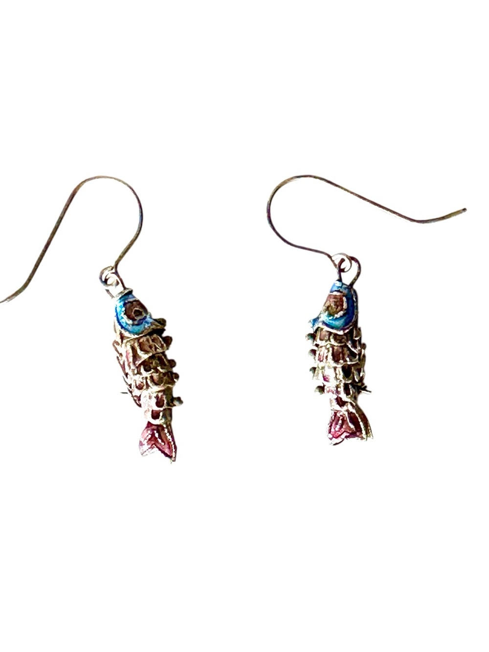 Blue and Purple Silver Tones Articulated Fish Earrings That Move when You Move